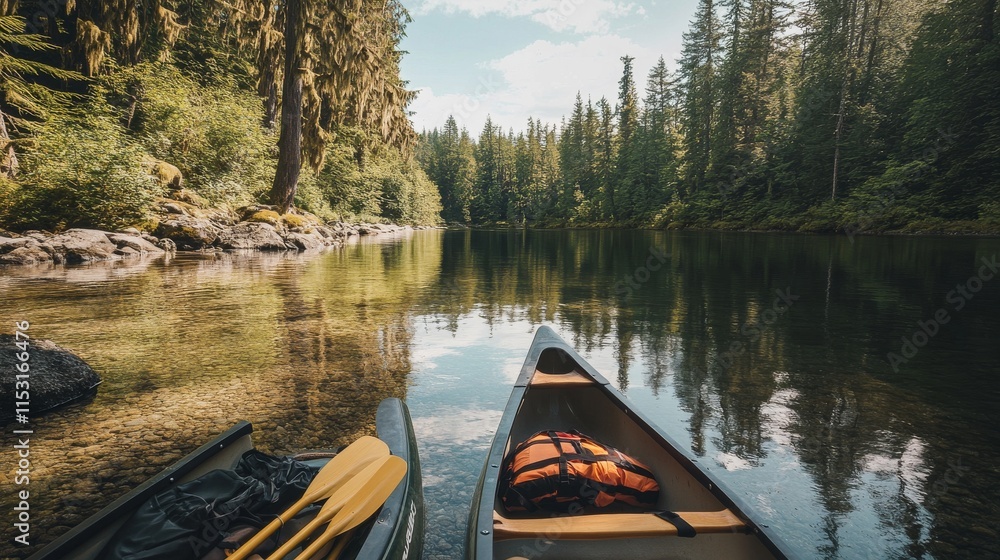 Poster a serene canoeing launch spot with paddles and life jackets neatly arranged by a calm river, a peace