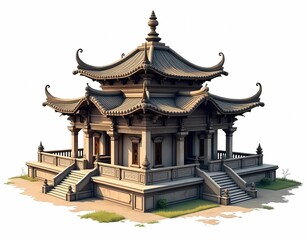 Fototapeta premium Illustration of architectural design of Majapahit Javanese kingdom building in Indonesia, model of Majapahit Javanese kingdom building, sturdy, eagle eye shot, isolated on white background