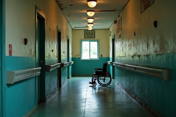 Empty wheelchair resting silently on a nostalgic hospital corridor, evoking thoughts of healing, resilience, and the passage of time in a place of care and recovery.