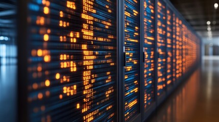 Data center server racks with glowing lights.