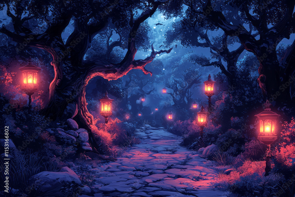 Poster isometric haunted forest with creepy trees and flickering lanterns,