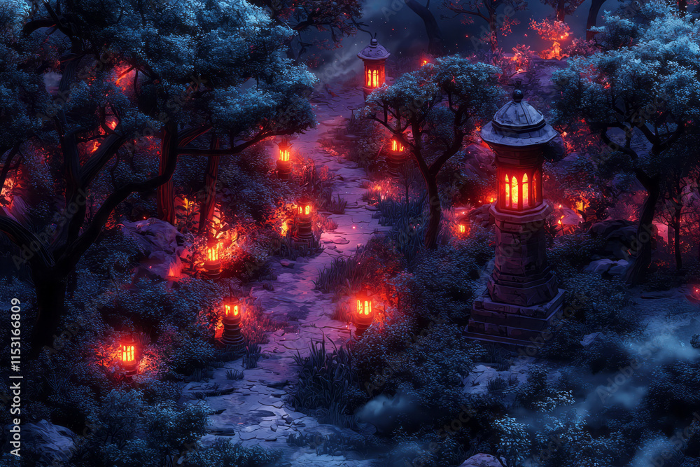 Poster isometric haunted forest with creepy trees and flickering lanterns,