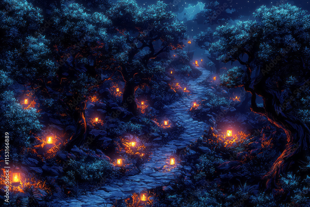 Poster isometric haunted forest with creepy trees and flickering lanterns,