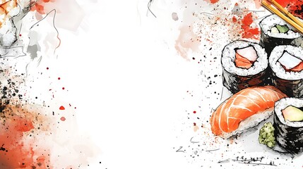 Vibrant Watercolor Illustration: Delicious Sushi Rolls Close-Up. AI Generated