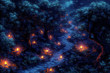 Isometric haunted forest with creepy trees and flickering lanterns,