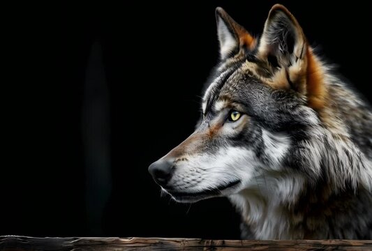 Majestic wolf against black background.
