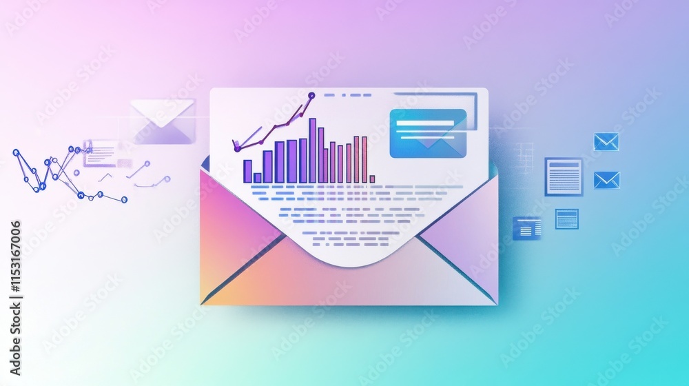 Aufkleber an artistic representation of an email envelop with data analytics illustrations, blending colors of