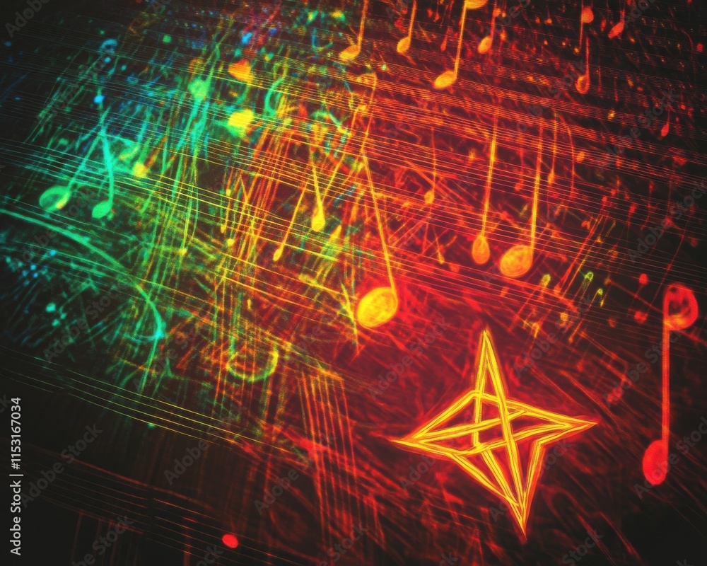 Poster vibrant music notes cascade through a colorful backdrop, creating a dynamic and energetic atmosphere