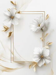 Simple and gorgeous wedding card frame design, the frame is consist of white flowers, golden leaves, and gold lines
