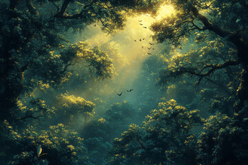 Fototapeta premium Isometric rainforest canopy with birds and vines,