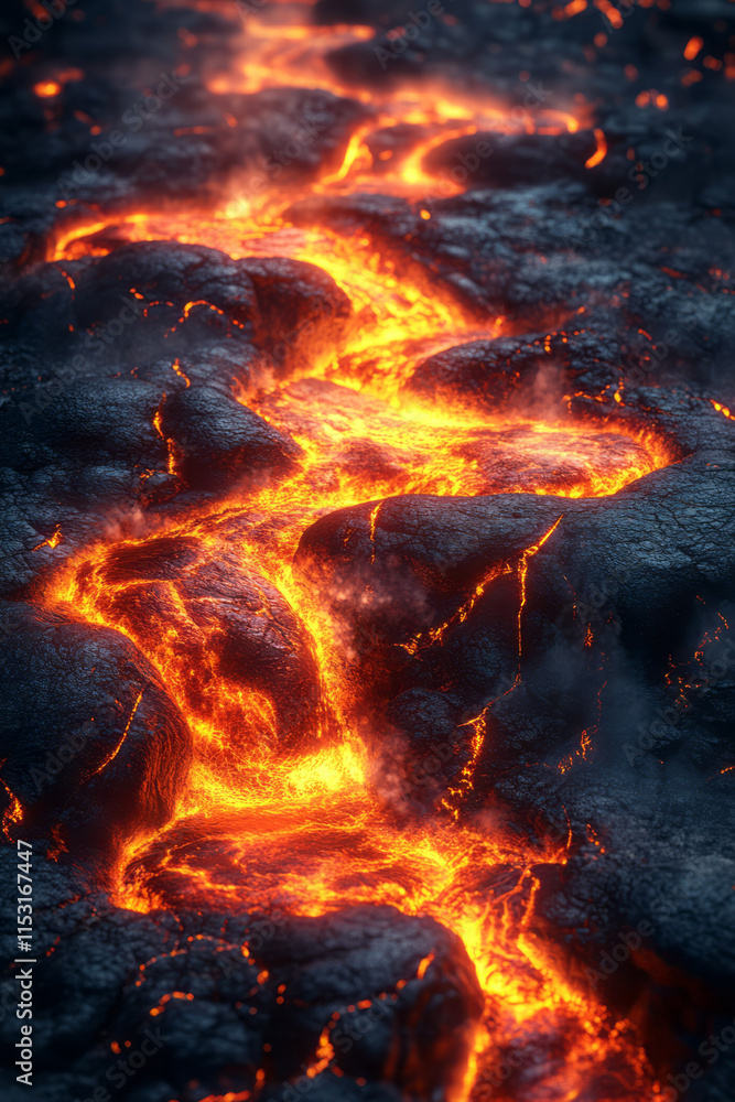 Aufkleber Isometric lava field with flowing magma and dark rocks,