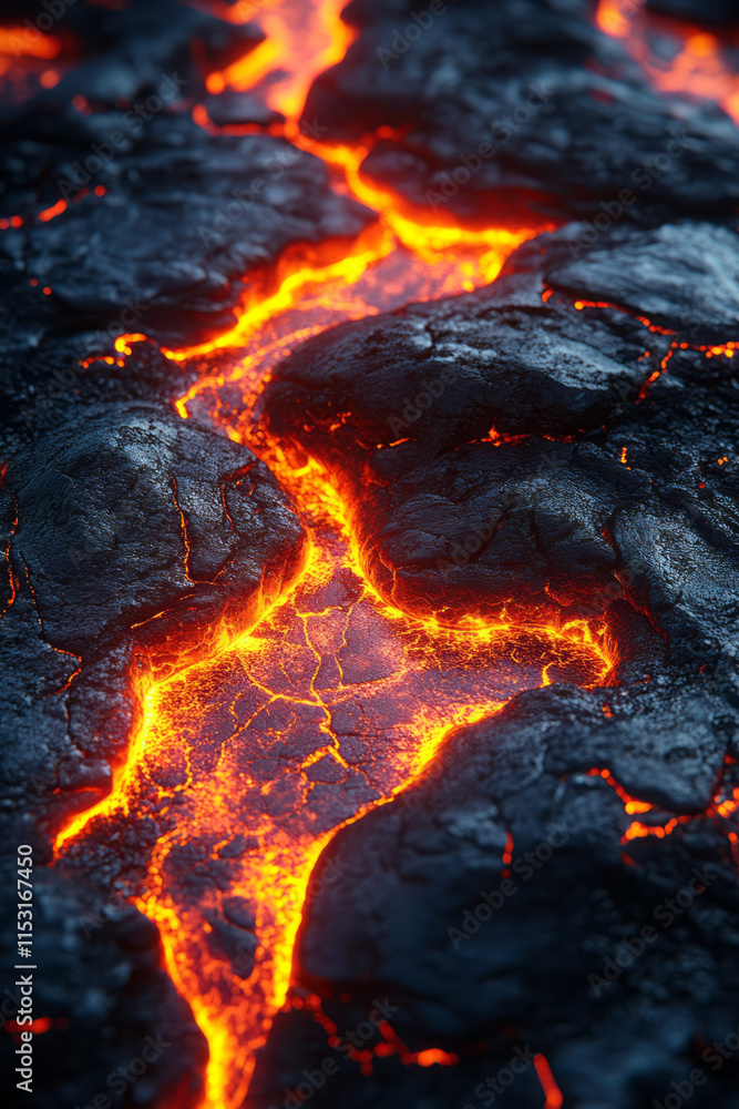 Poster isometric lava field with flowing magma and dark rocks,
