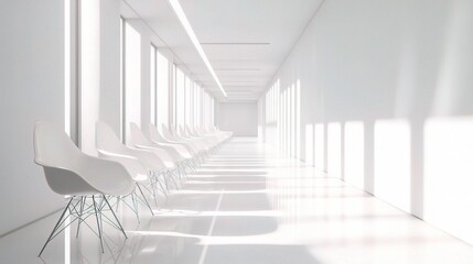 Obraz premium Empty Modern Hospital Corridor with White Chairs and Natural Light