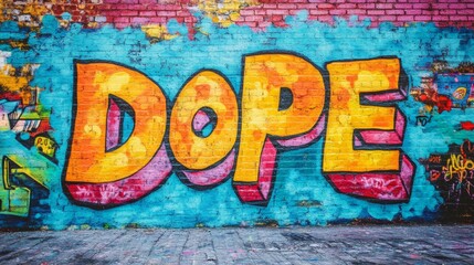 word " DOPE " , paint on wall with grungy graffiti style, Gen Z means something is cool, awesome, or exceptional