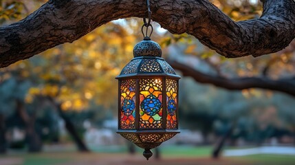 A decorative lantern hanging from a tree branch in a serene outdoor setting.