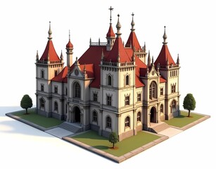 Fototapeta premium Illustration of mansion building architectural design, 1500s, mansion building model, sturdy, eagle eye shot, isolated on white background. Generate AI