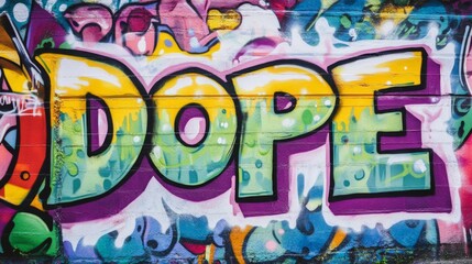 word " DOPE " , paint on wall with grungy graffiti style, Gen Z means something is cool, awesome, or exceptional