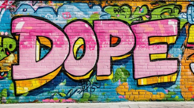 word " DOPE " , paint on wall with grungy graffiti style, Gen Z means something is cool, awesome, or exceptional