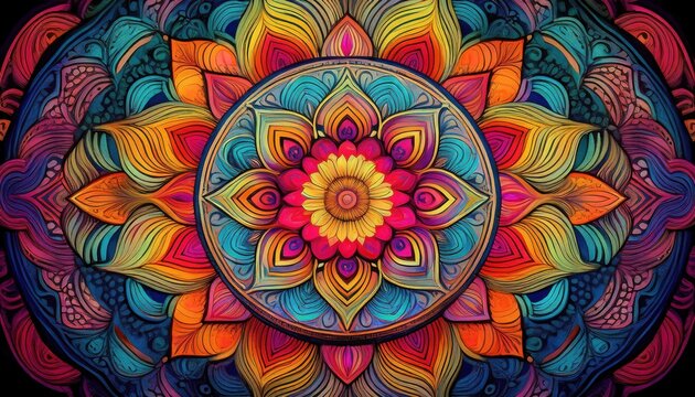 Vibrant Mandala Art: Colorful Floral Design - Psychedelic and tripp.