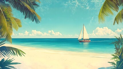 Sailboat glides across tranquil ocean near sandy beach