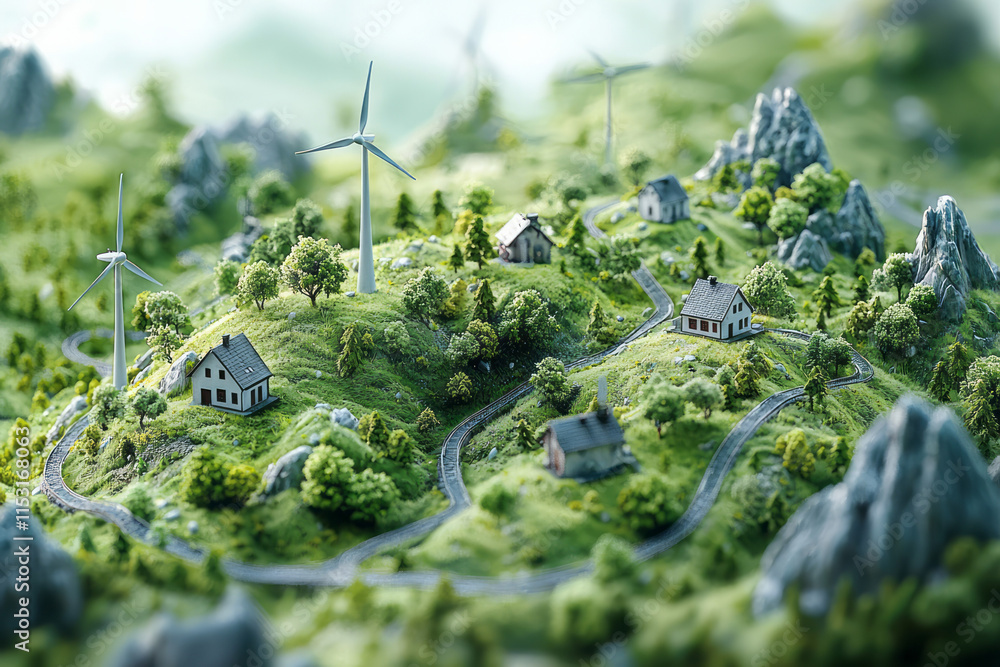 Poster isometric wind farm with turbines and open fields,