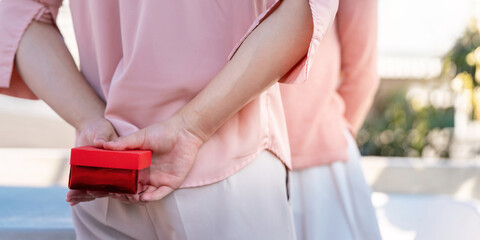 Couple celebrating valentine day with a surprise gift romantic outdoor setting lifestyle imagery joyful mood