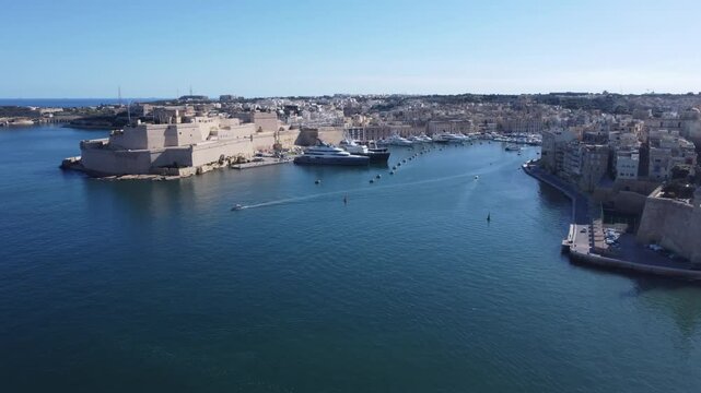 Malta Birgu Fort Saint Angelo Forti Sant' Angl Vittoriosa Birgu Seaview aerial shot in the early morning. High quality 4k footage