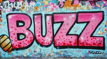  word " BUZZ " , paint on wall with grungy graffiti style, the word refer to a feeling of intense enthusiasm, interest, excitement, or exhilaration