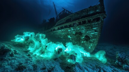 A sunken ship illuminated by bioluminescent algae in a dark underwater scene.