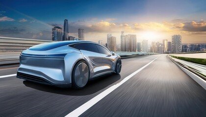 Fototapeta premium Futuristic Electric Car City Drive Sunset - Futuristic Technology