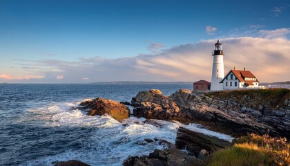 Naklejka premium Dramatic Maine Lighthouse Sunset Seascape - Coastal Photography