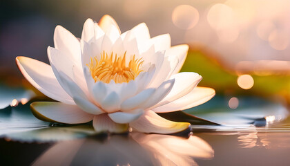 Delicate white petals of a water lily unfold in perfect harmony as morning light dances upon the surface of still water, creating a tranquil oasis inviting contemplation and peace