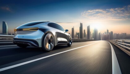 Fototapeta premium Futuristic Electric Car Cityscape Drive - Electric Vehicles