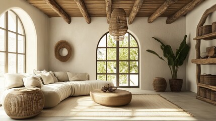 Warm Mediterranean Living Room with Curved Sofa, Rustic Beams, and Arched Window Light