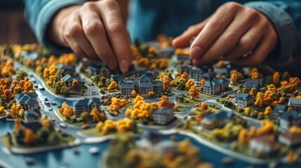 Exploring a Miniature Model of a Vibrant Lakeside Community With Detailed Landscaping. Generative AI