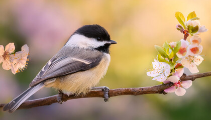 Obraz premium Tiny chickadee rests quietly on a delicate branch, its feathers gently stirred by a warm breeze. Surrounding blossoms create a soothing spring atmosphere, inviting wonder