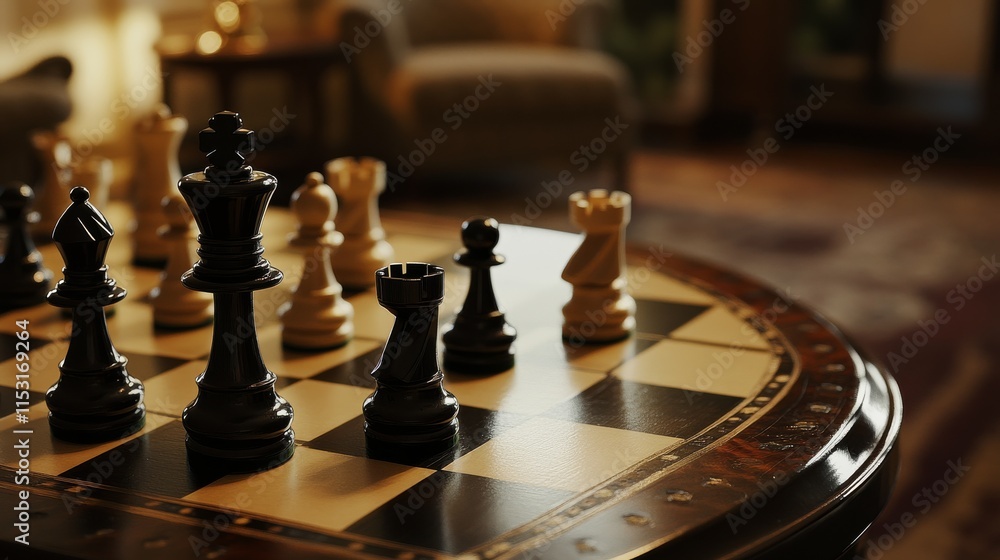 Poster a serene chess room with a grand chessboard, elegant chess pieces set for a game, classic intellectu
