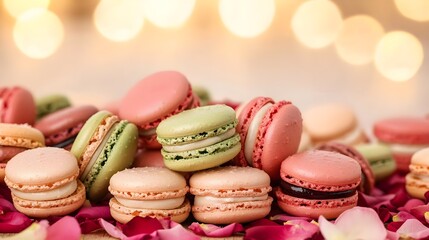 Obraz premium delicious macarons on rose petals - pastel colors