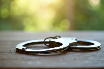 Handcuffs resting on a wooden table with a blurred background, symbolizing restraint and the complexity of freedom and confinement.