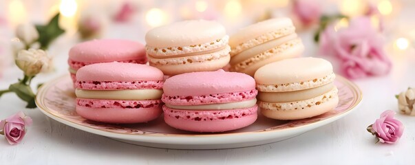 Fototapeta premium delicious pink & white macarons pastry - pastel colors