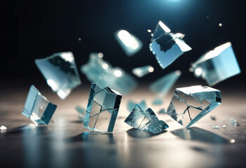 blurred background of broken pieces of glass turned at different angles, flying in space, reflecting glare of light