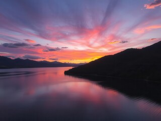 Fototapeta premium Serene Sunset Over Calm Waters with Colorful Clouds and Majestic Mountains in the Distance, Capturing the Beauty of Nature's Evening Palette