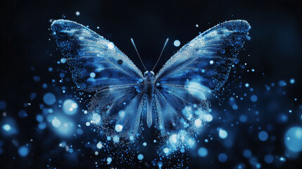 The butterfly consists of particles. The butterfly consists of dots and circles. Blue butterfly on a dark background