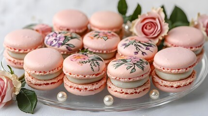 Obraz premium floral pink macarons & roses pastry dessert - pastel colors