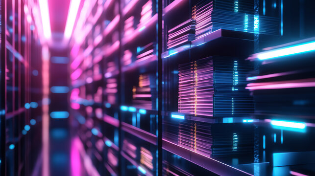 A modern archive system with neatly stacked tax forms glowing under holographic lights, a secure and organized visual for reliability