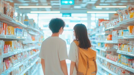 Anime couple shopping together in a dreamy retail store with coral and yellow palette shelves full of products