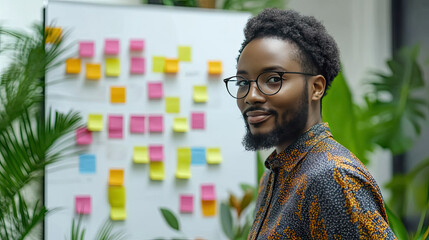 a group of professionals engaged in a discussion around a whiteboard covered with colorful sticky notes. agile team collaboration in a sprint planning session.