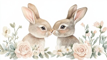 Obraz premium Two Rabbits Kissing with Floral Border