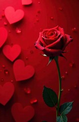 Background of red and dark red hearts. One big rose on the right side of the square. The rose is covered with dew drops. Valentine's Day celebration and romantic concept.