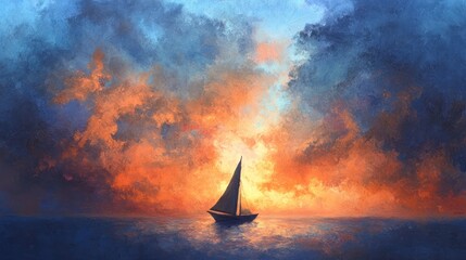 Fototapeta premium A serene sailing scene at sunset with vibrant colors illuminating the sky.